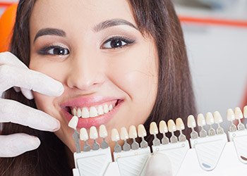 Woman's smile compared with tooth color chart